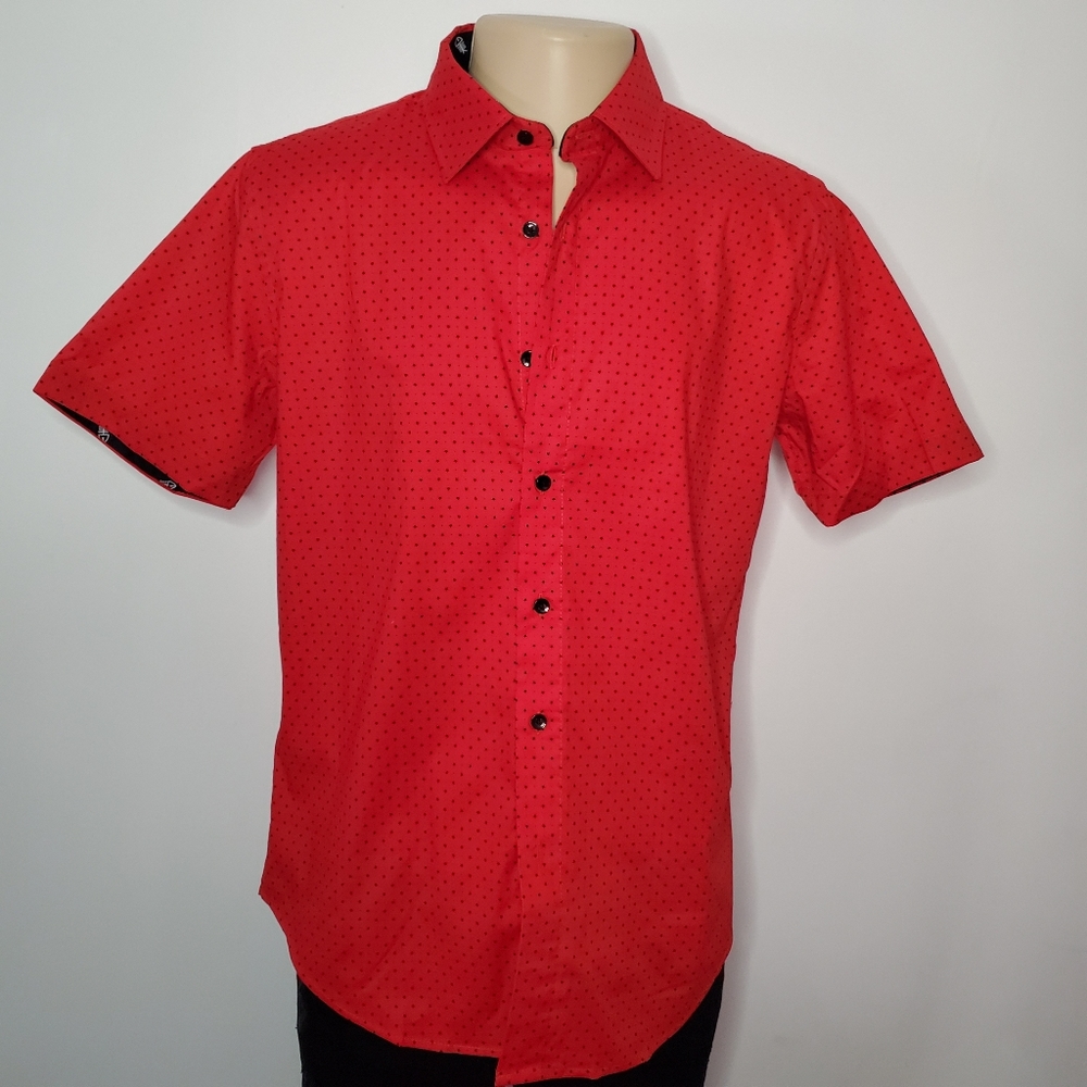 Men Red Button Down Short Sleeve Dress Shirt